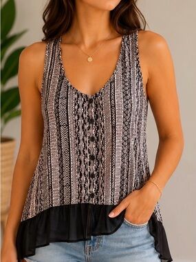 Patterned Black & Cream Sleeveless Top
